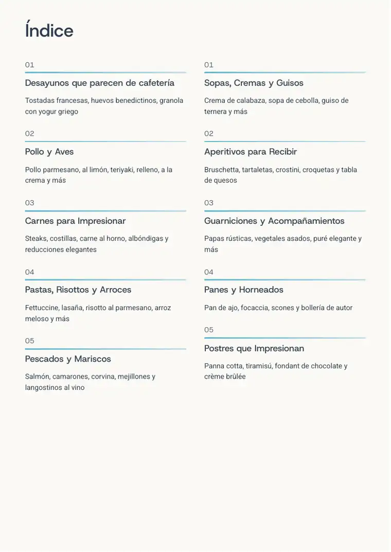 Página real: 10 categorías, del desayuno al postre